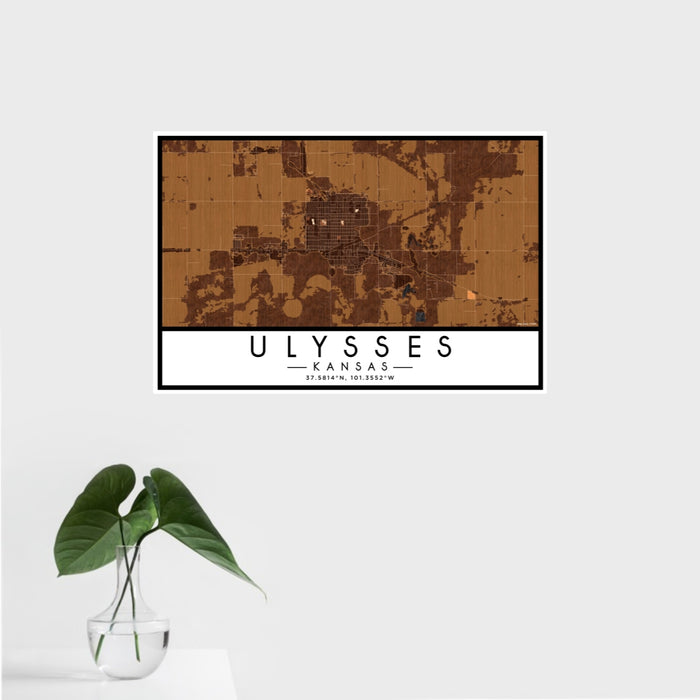 16x24 Ulysses Kansas Map Print Landscape Orientation in Ember Style With Tropical Plant Leaves in Water