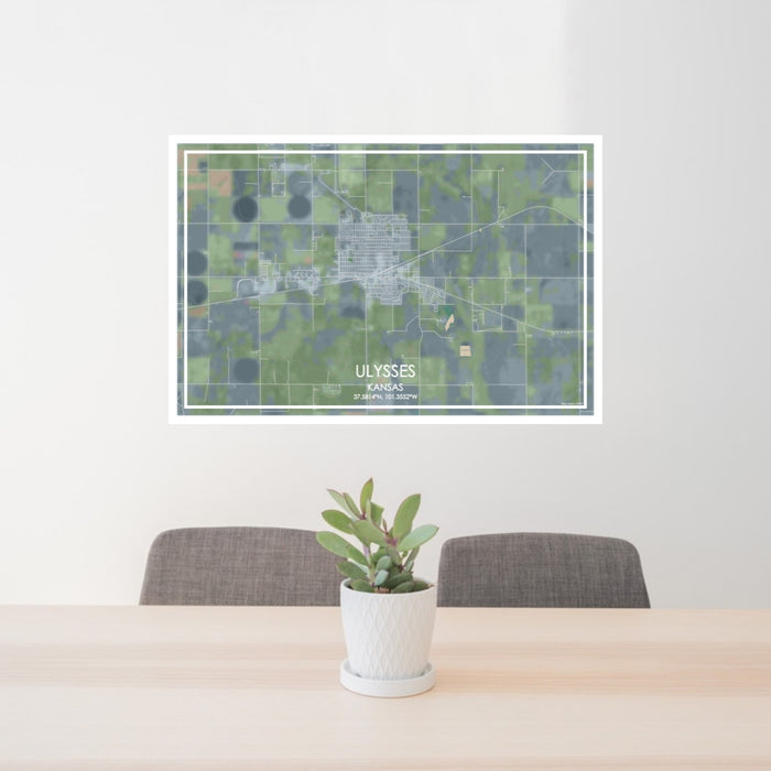24x36 Ulysses Kansas Map Print Lanscape Orientation in Afternoon Style Behind 2 Chairs Table and Potted Plant