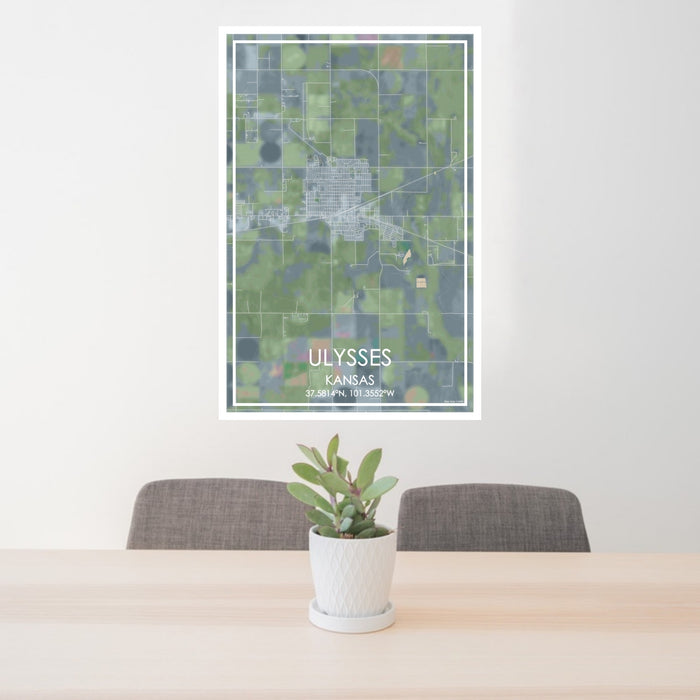 24x36 Ulysses Kansas Map Print Portrait Orientation in Afternoon Style Behind 2 Chairs Table and Potted Plant