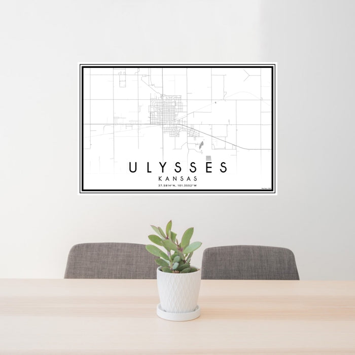 24x36 Ulysses Kansas Map Print Lanscape Orientation in Classic Style Behind 2 Chairs Table and Potted Plant