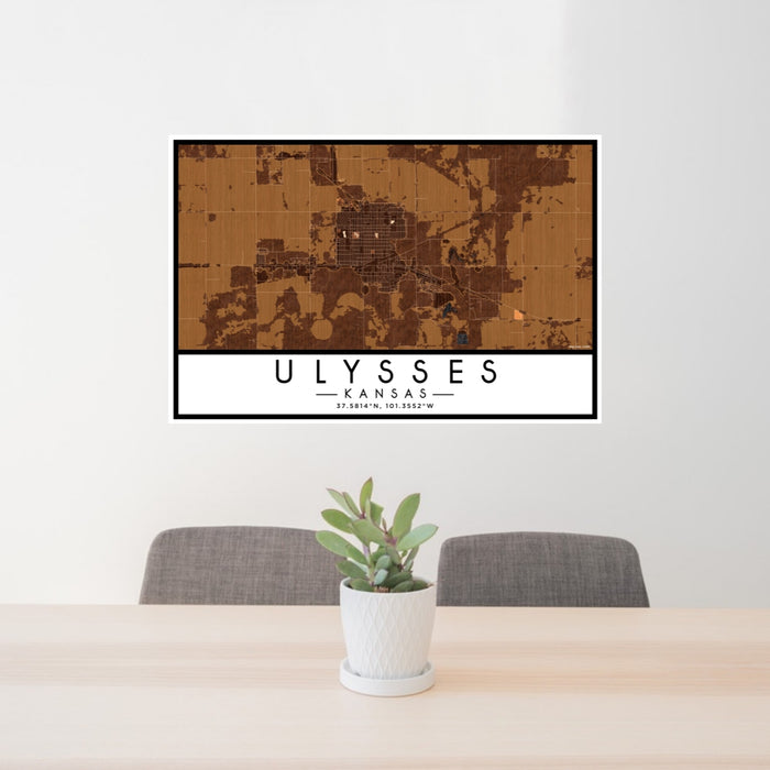 24x36 Ulysses Kansas Map Print Lanscape Orientation in Ember Style Behind 2 Chairs Table and Potted Plant