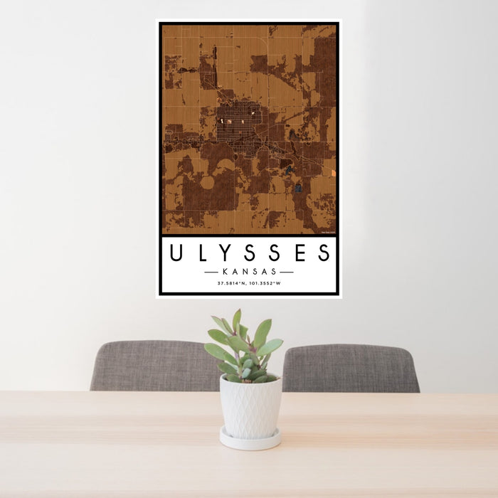 24x36 Ulysses Kansas Map Print Portrait Orientation in Ember Style Behind 2 Chairs Table and Potted Plant