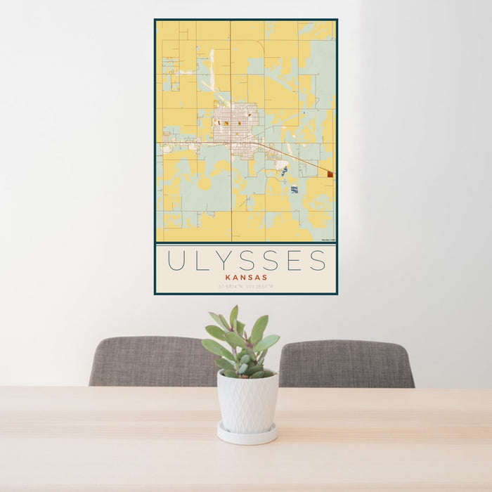 24x36 Ulysses Kansas Map Print Portrait Orientation in Woodblock Style Behind 2 Chairs Table and Potted Plant