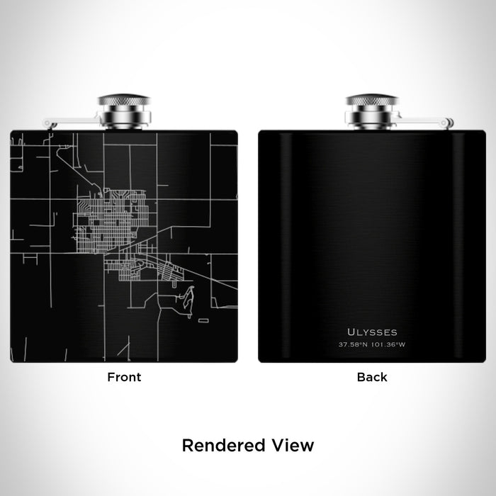 Rendered View of Ulysses Kansas Map Engraving on 6oz Stainless Steel Flask in Black