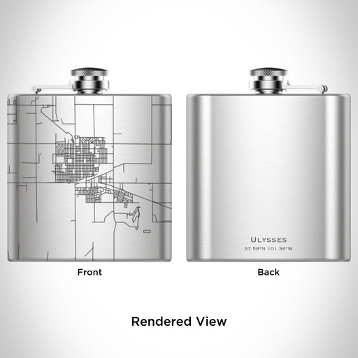 Rendered View of Ulysses Kansas Map Engraving on 6oz Stainless Steel Flask