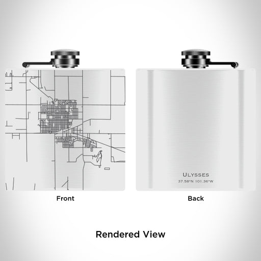 Rendered View of Ulysses Kansas Map Engraving on 6oz Stainless Steel Flask in White