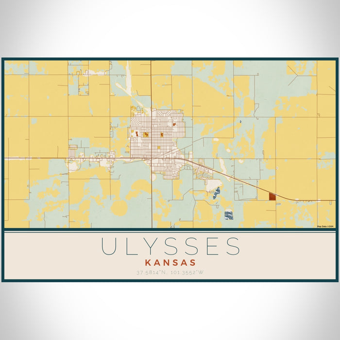 Ulysses Kansas Map Print Landscape Orientation in Woodblock Style With Shaded Background