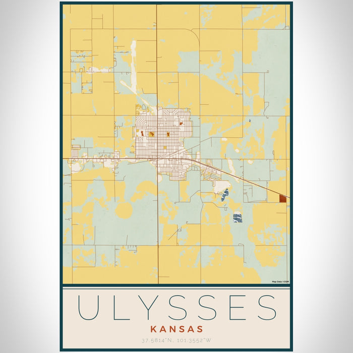 Ulysses Kansas Map Print Portrait Orientation in Woodblock Style With Shaded Background