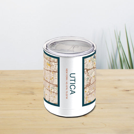 Utica New York Custom City Map Inscription Coordinates on 10oz Stainless Steel Insulated Cup in Woodblock with Sliding Lid