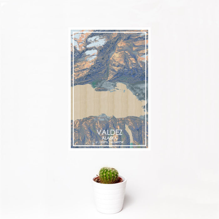 12x18 Valdez Alaska Map Print Portrait Orientation in Afternoon Style With Small Cactus Plant in White Planter