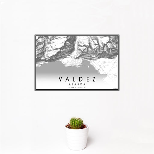 12x18 Valdez Alaska Map Print Landscape Orientation in Classic Style With Small Cactus Plant in White Planter