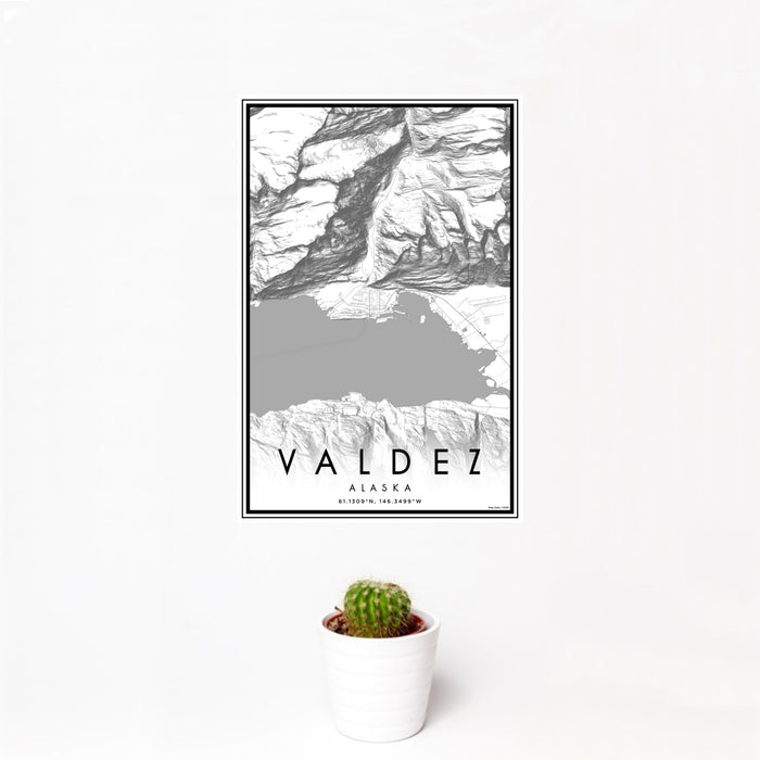 12x18 Valdez Alaska Map Print Portrait Orientation in Classic Style With Small Cactus Plant in White Planter