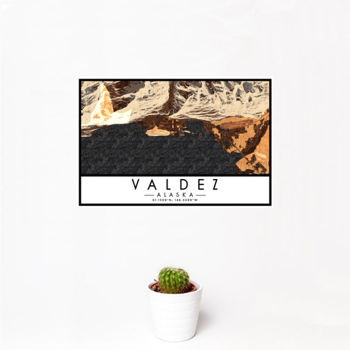 12x18 Valdez Alaska Map Print Landscape Orientation in Ember Style With Small Cactus Plant in White Planter