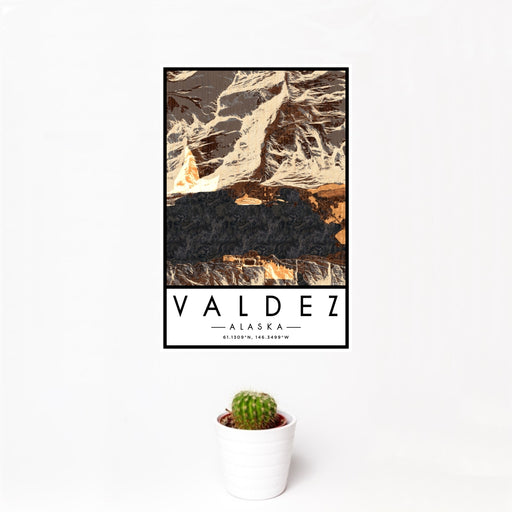 12x18 Valdez Alaska Map Print Portrait Orientation in Ember Style With Small Cactus Plant in White Planter