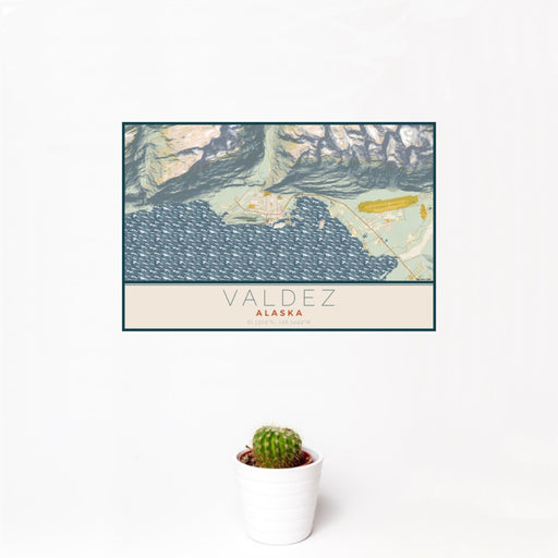 12x18 Valdez Alaska Map Print Landscape Orientation in Woodblock Style With Small Cactus Plant in White Planter