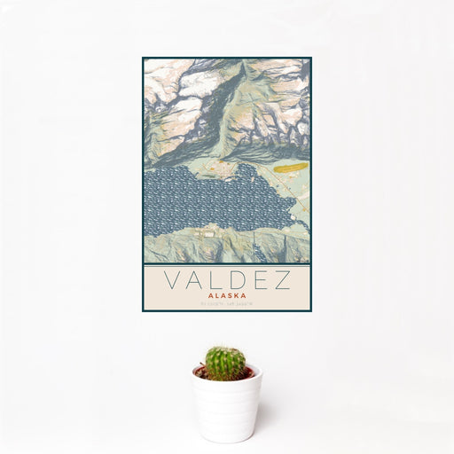 12x18 Valdez Alaska Map Print Portrait Orientation in Woodblock Style With Small Cactus Plant in White Planter