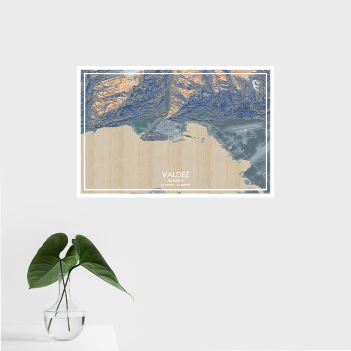 16x24 Valdez Alaska Map Print Landscape Orientation in Afternoon Style With Tropical Plant Leaves in Water