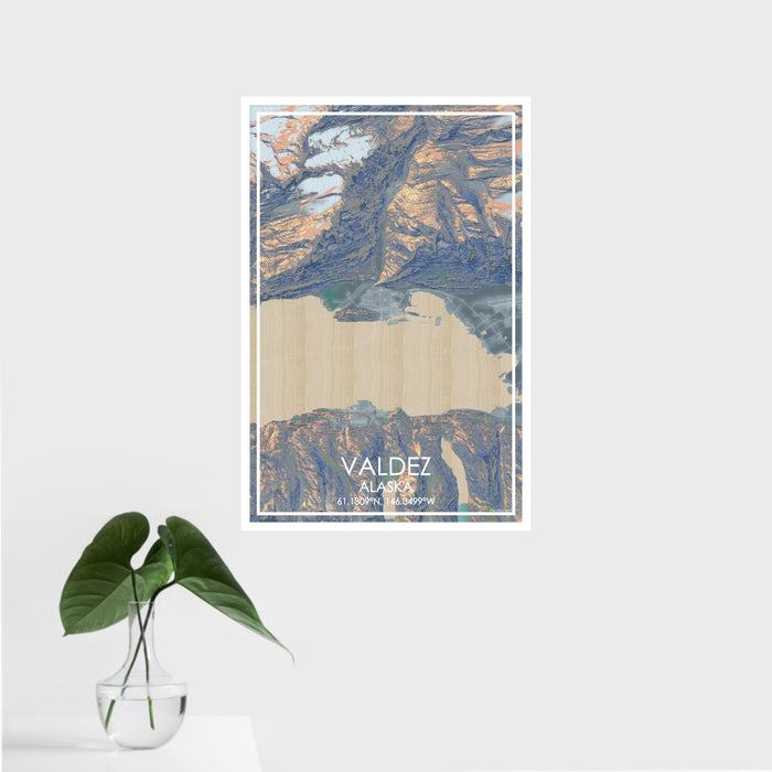 16x24 Valdez Alaska Map Print Portrait Orientation in Afternoon Style With Tropical Plant Leaves in Water