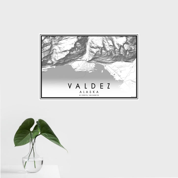 16x24 Valdez Alaska Map Print Landscape Orientation in Classic Style With Tropical Plant Leaves in Water