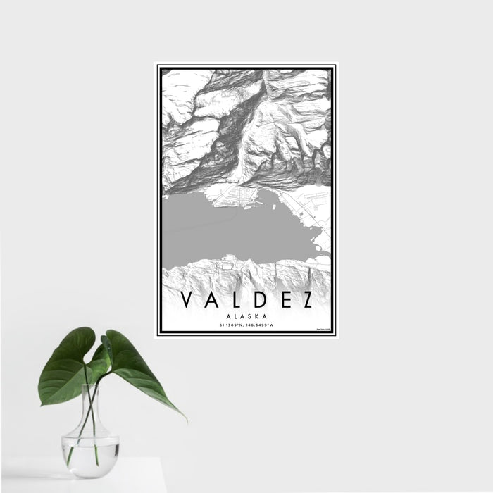 16x24 Valdez Alaska Map Print Portrait Orientation in Classic Style With Tropical Plant Leaves in Water