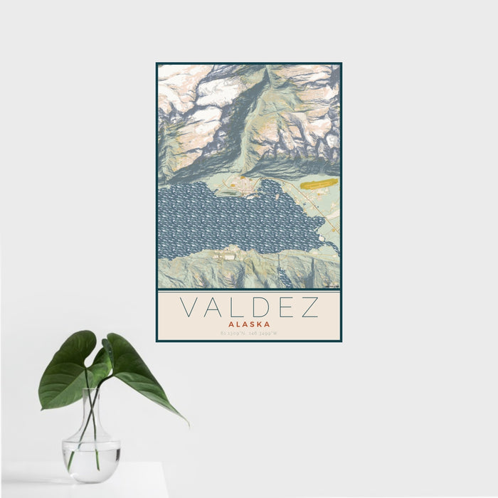 16x24 Valdez Alaska Map Print Portrait Orientation in Woodblock Style With Tropical Plant Leaves in Water