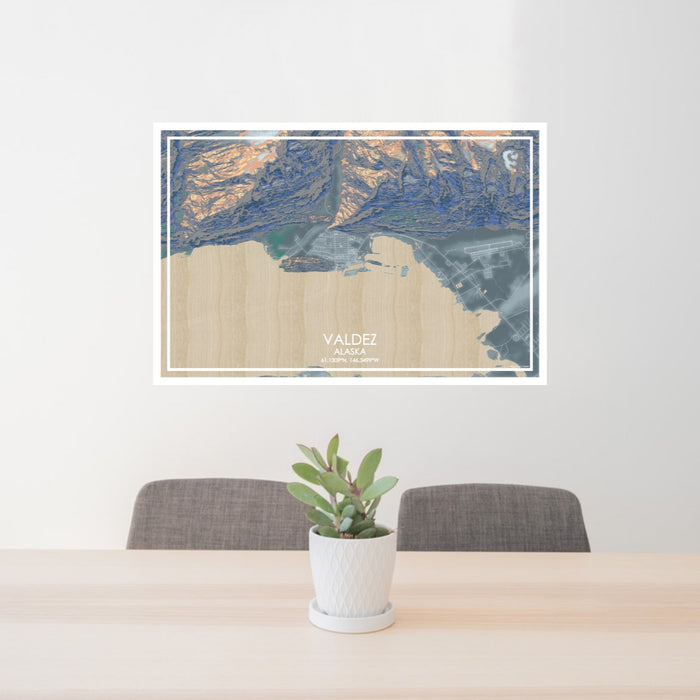 24x36 Valdez Alaska Map Print Lanscape Orientation in Afternoon Style Behind 2 Chairs Table and Potted Plant