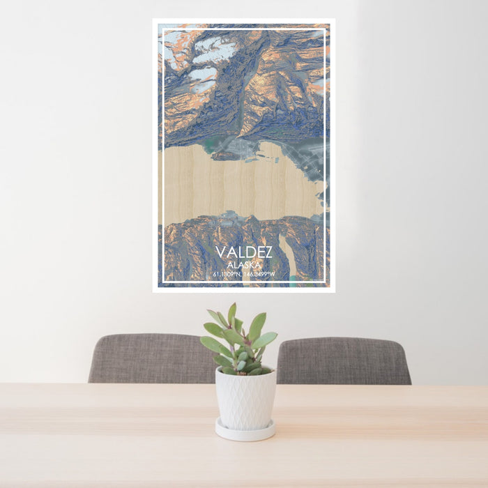 24x36 Valdez Alaska Map Print Portrait Orientation in Afternoon Style Behind 2 Chairs Table and Potted Plant