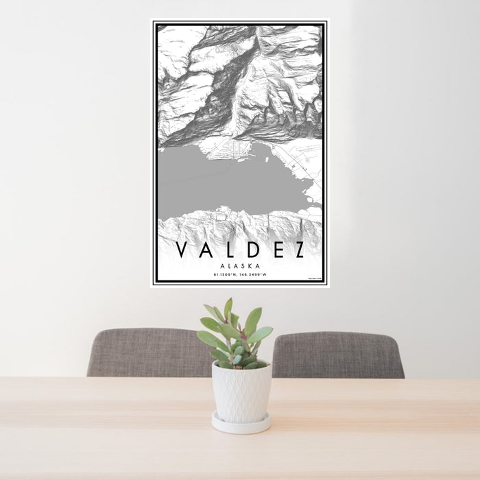 24x36 Valdez Alaska Map Print Portrait Orientation in Classic Style Behind 2 Chairs Table and Potted Plant