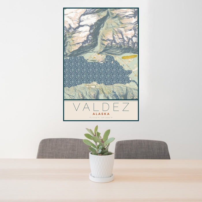 24x36 Valdez Alaska Map Print Portrait Orientation in Woodblock Style Behind 2 Chairs Table and Potted Plant