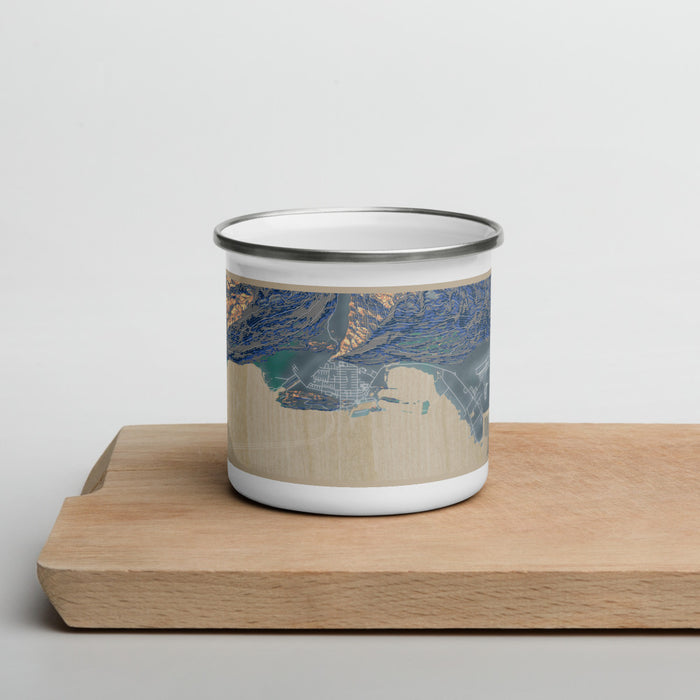 Front View Custom Valdez Alaska Map Enamel Mug in Afternoon on Cutting Board