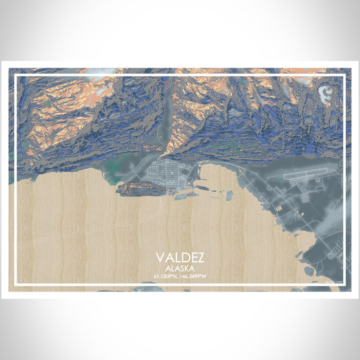 Valdez Alaska Map Print Landscape Orientation in Afternoon Style With Shaded Background