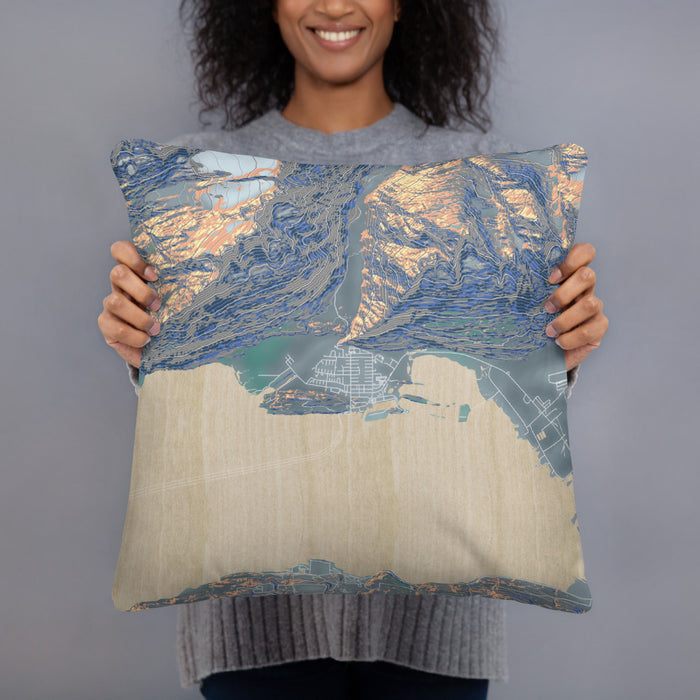 Person holding 18x18 Custom Valdez Alaska Map Throw Pillow in Afternoon