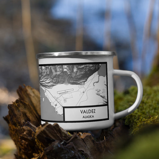 Right View Custom Valdez Alaska Map Enamel Mug in Classic on Grass With Trees in Background