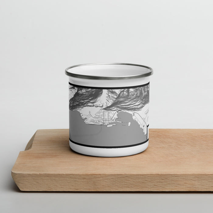 Front View Custom Valdez Alaska Map Enamel Mug in Classic on Cutting Board