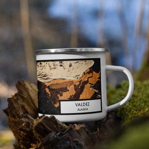 Right View Custom Valdez Alaska Map Enamel Mug in Ember on Grass With Trees in Background