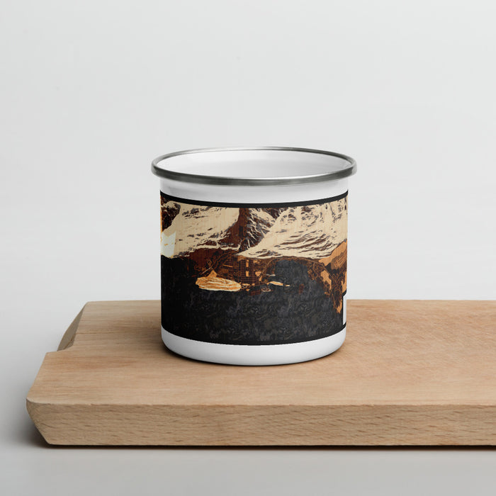 Front View Custom Valdez Alaska Map Enamel Mug in Ember on Cutting Board