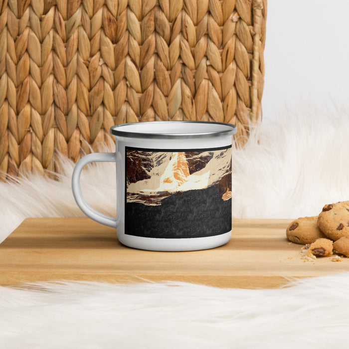 Left View Custom Valdez Alaska Map Enamel Mug in Ember on Table Top