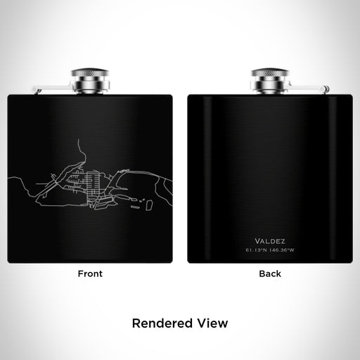 Rendered View of Valdez Alaska Map Engraving on 6oz Stainless Steel Flask in Black