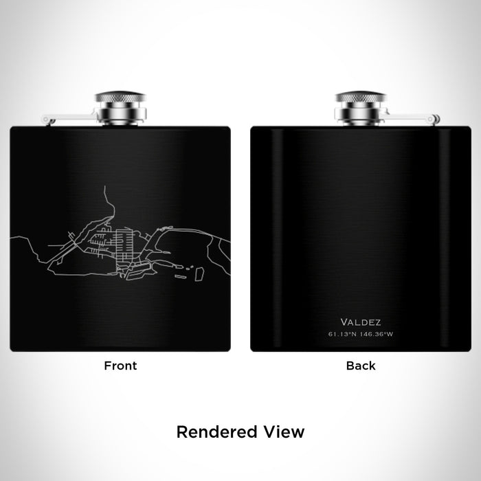 Rendered View of Valdez Alaska Map Engraving on 6oz Stainless Steel Flask in Black