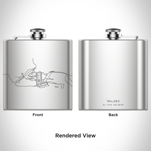 Rendered View of Valdez Alaska Map Engraving on 6oz Stainless Steel Flask