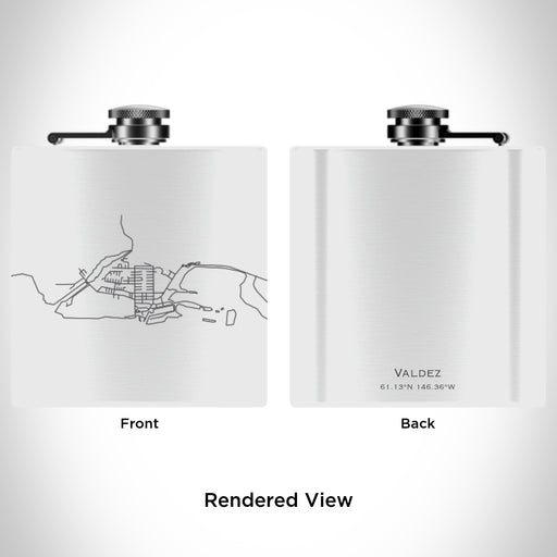 Rendered View of Valdez Alaska Map Engraving on 6oz Stainless Steel Flask in White