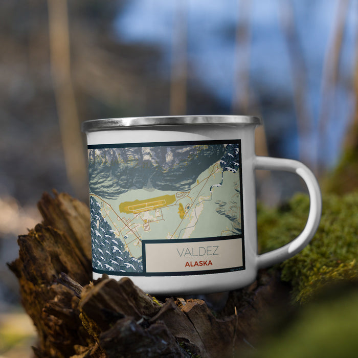 Right View Custom Valdez Alaska Map Enamel Mug in Woodblock on Grass With Trees in Background