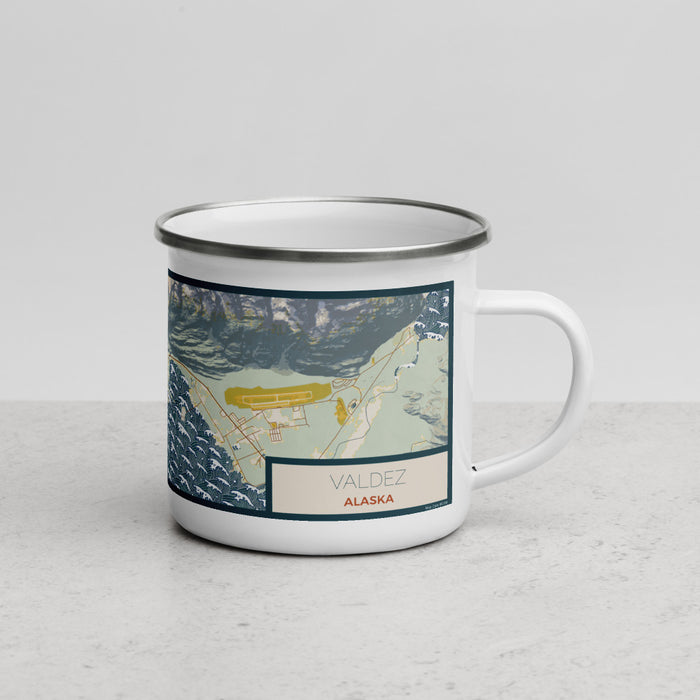 Right View Custom Valdez Alaska Map Enamel Mug in Woodblock