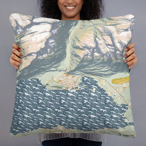 Person holding 22x22 Custom Valdez Alaska Map Throw Pillow in Woodblock