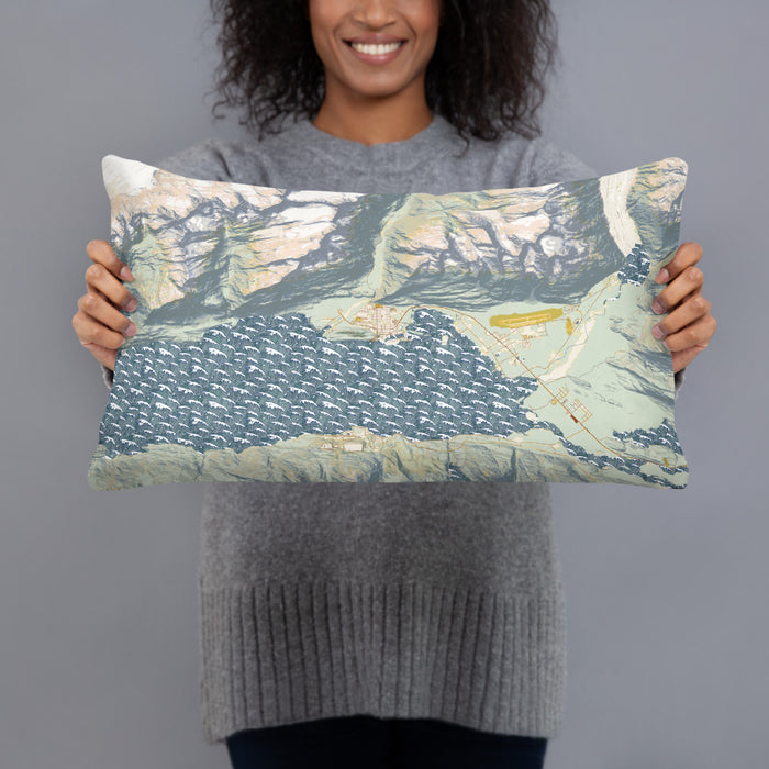 Person holding 20x12 Custom Valdez Alaska Map Throw Pillow in Woodblock