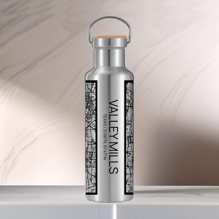 Valley Mills Texas Custom City Map Inscription Coordinates on 20oz Stainless Steel Insulated Bottle with Bamboo Top with printed Tactile Lines Map in Black