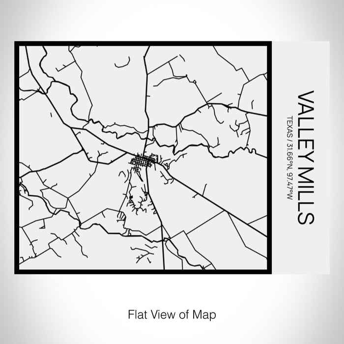 Rendered View of Valley Mills Texas Map on 20oz Stainless Steel Insulated Bottle with Bamboo Top in Matte White with printed Tactile Lines Map in Black