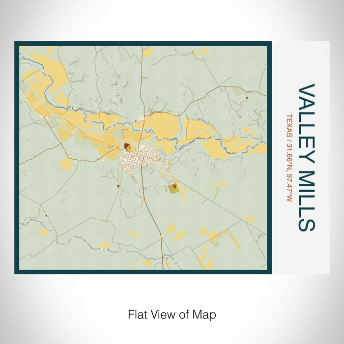 Rendered View of Valley Mills Texas Map on 20oz Stainless Steel Insulated Bottle with Bamboo Top with printed woodblock style map