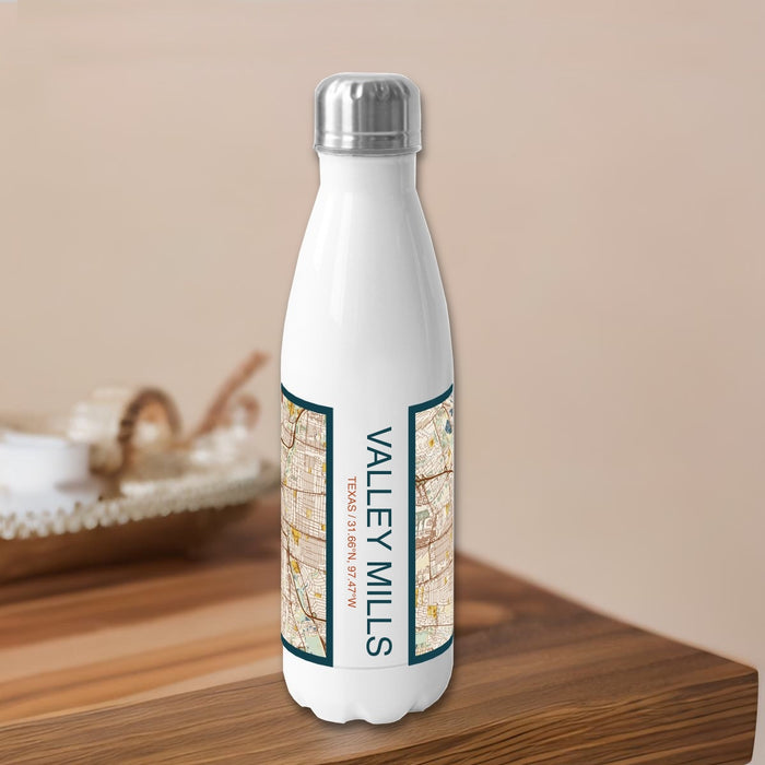 Valley Mills Texas Custom City Map Inscription Coordinates on 17oz Stainless Steel Insulated Bottle with printed woodblock style map