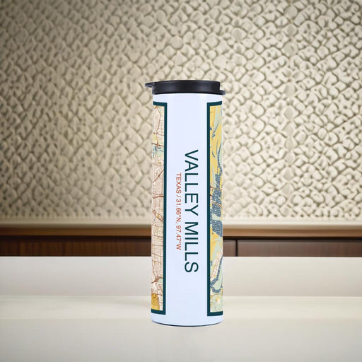 Valley Mills Texas Custom City Map Inscription Coordinates on 17oz Stainless Steel Insulated Tumbler in Woodblock Map Style